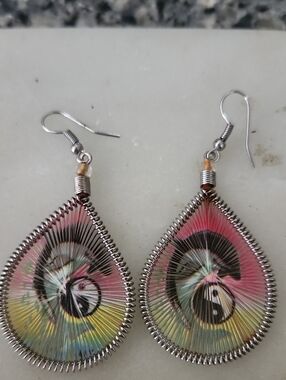 Multicolor Silk Thread Dolphin Over Yin Yang Earrings